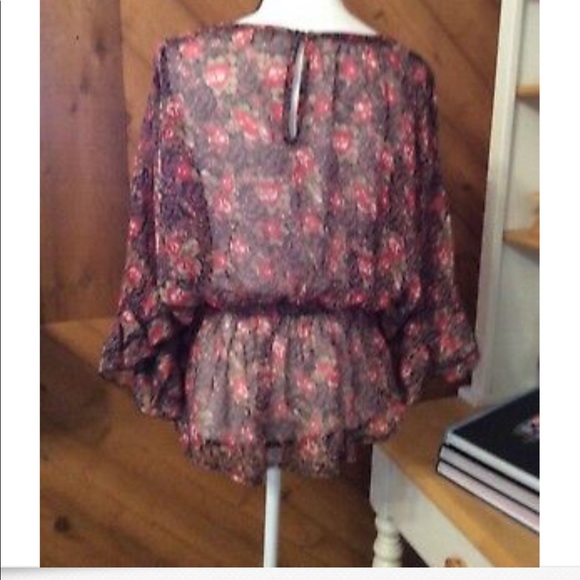 YA LOS ANGELES Black Red Floral Sheer Ruffle TOP M - Picture 6 of 11